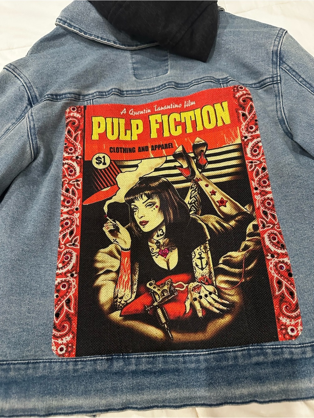 Pulp Fiction Graphic Light Blue Denim Jacket with crystal embellishments